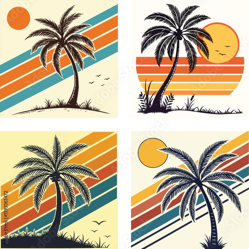 A palm tree silhouette on retro stripes with a sun background