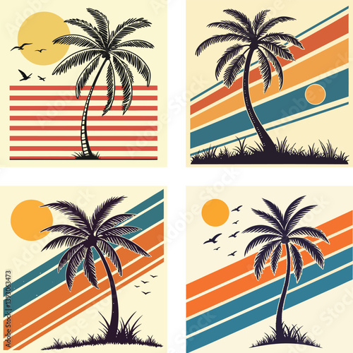 A palm tree silhouette on retro stripes with a sun background