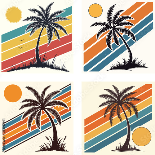 A palm tree silhouette on retro stripes with a sun background
