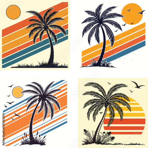 A palm tree silhouette on retro stripes with a sun background