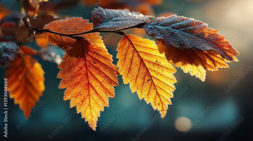 a branch of a tree with orange leaves covered in frost, set against a blurred background The leaves are a vibrant orange color, and the frost is glistening in the a branch of a tree with orange leaves covered in frost, set against a blurred background The leaves are a vibrant orange color, and the frost is glistening in the