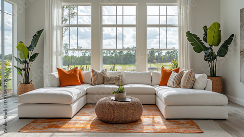 Modern living room, large windows, Florida