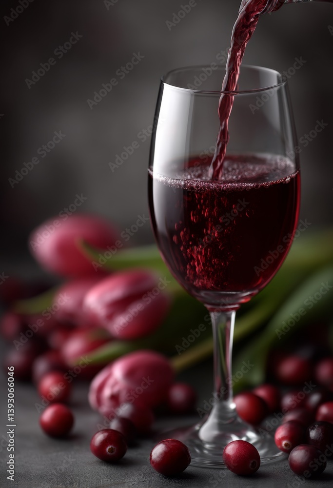 a glass of red wine being poured into it, with a few cranberries and tulips in the background The glass is filled to the brim with the deep red liquid, and the bac a glass of red wine being poured into it, with a few cranberries and tulips in the background The glass is filled to the brim with the deep red liquid, and the bac