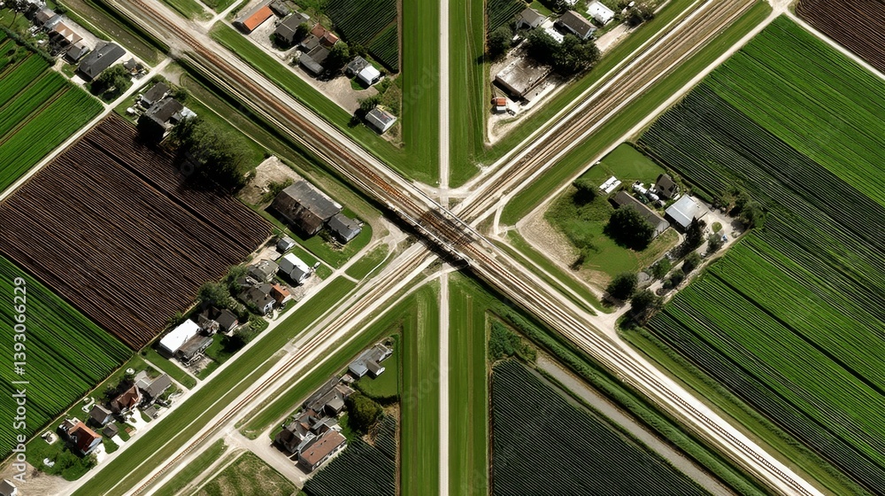 Aerial view of a railway crossing surrounded by lush green fields