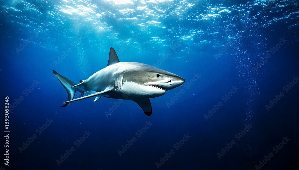Fototapeta premium Great white shark swimming in deep sea, dramatic underwater lighting, dark blue gradient background