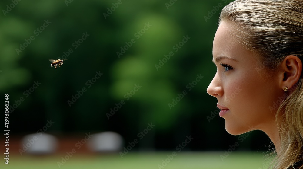 Woman gazing at a bee in a serene outdoor setting