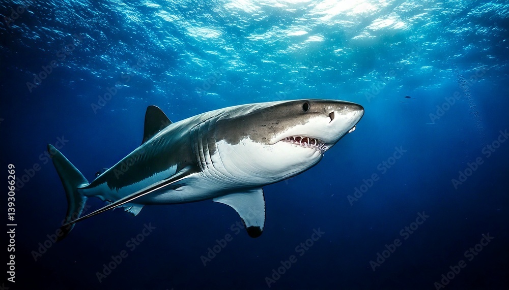 Fototapeta premium Great white shark swimming in deep sea, dramatic underwater lighting, dark blue gradient background