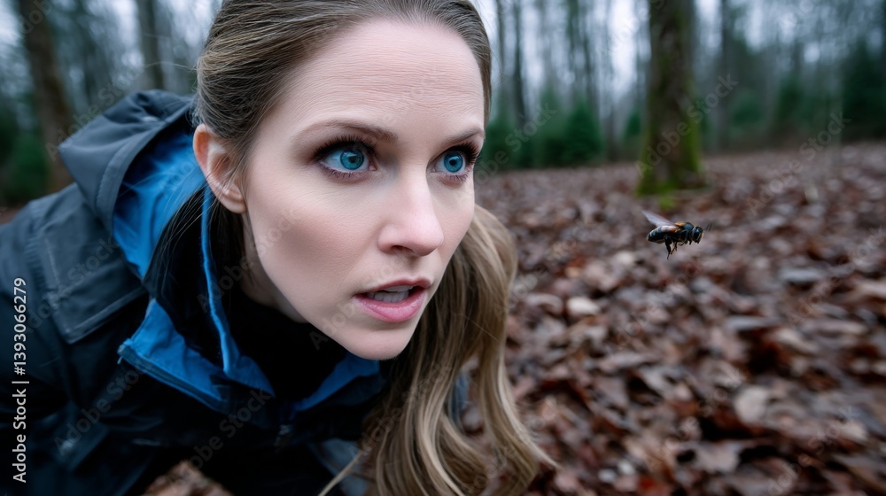 Woman observing a bee in a forest with fallen leaves around