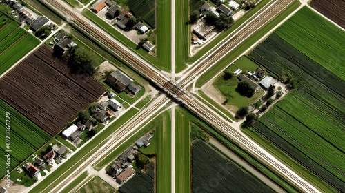 Obraz na płótnie Aerial view of a railway crossing surrounded by lush green fields w salonie