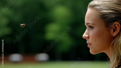 Obraz na płótnie Woman gazing at a bee in a serene outdoor setting w salonie