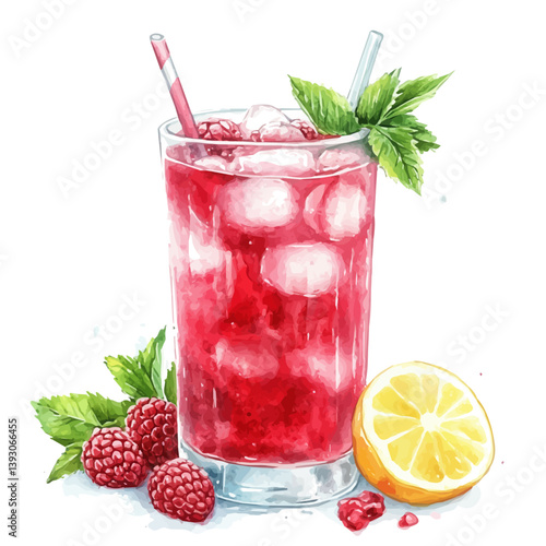 Raspberry Lemonade, watercolor illustration, isolated on a white background.

