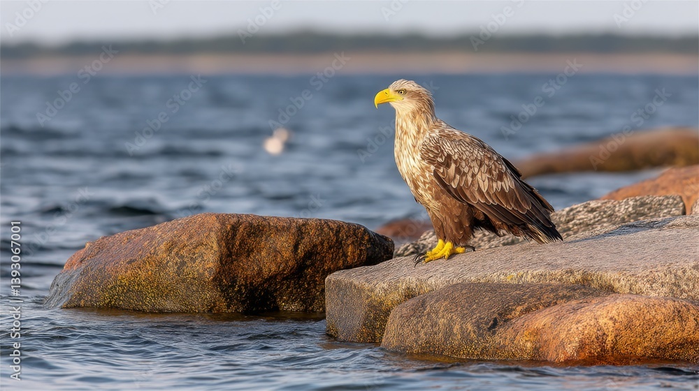 A majestic eagle perched on rocky shores by the water