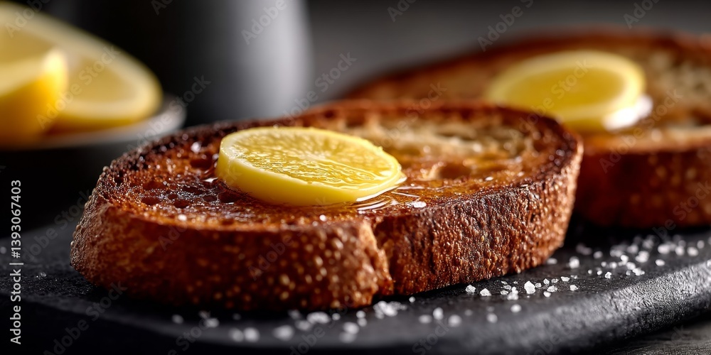 a plate of French toast with slices of lemon on top, sitting on a black surface The background is slightly blurred, giving the focus to the delicious-looking toast a plate of French toast with slices of lemon on top, sitting on a black surface The background is slightly blurred, giving the focus to the delicious-looking toast
