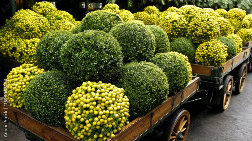 Lush green topiary balls and vibrant yellow citrus fruits in a wooden cart