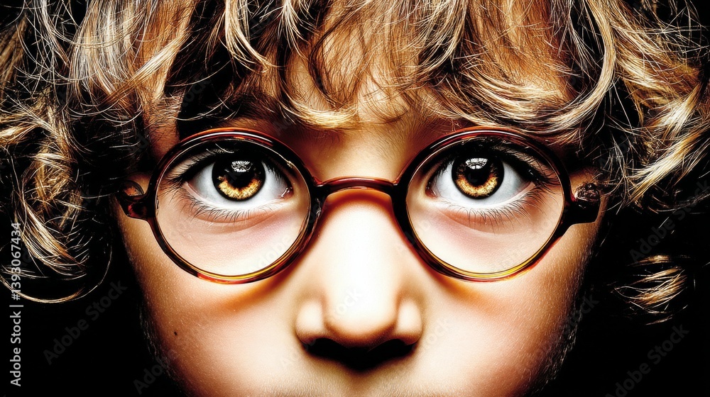 Close-up portrait of a child with curly hair and round glasses