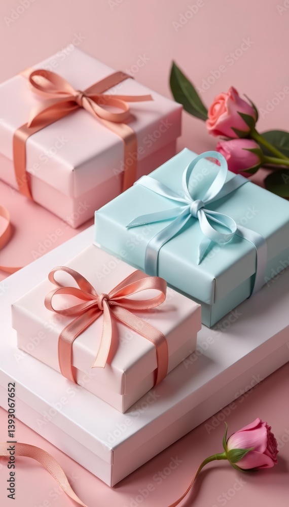 Obraz premium Gift boxes in pastel colors with delicate twine ribbons, present, twine