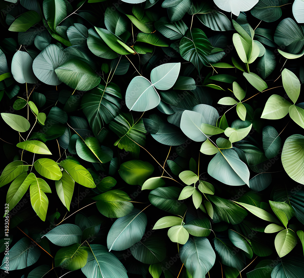 Fototapeta premium Cutout tropical green leaves in the foreground featuring a illustration set against a white background ,generative ai