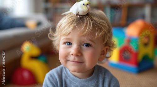 Child playing with bird at home candid cozy environment