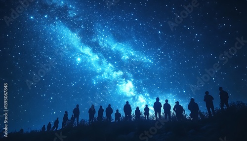 Silhouetted people standing and gazing at the starry night sky
