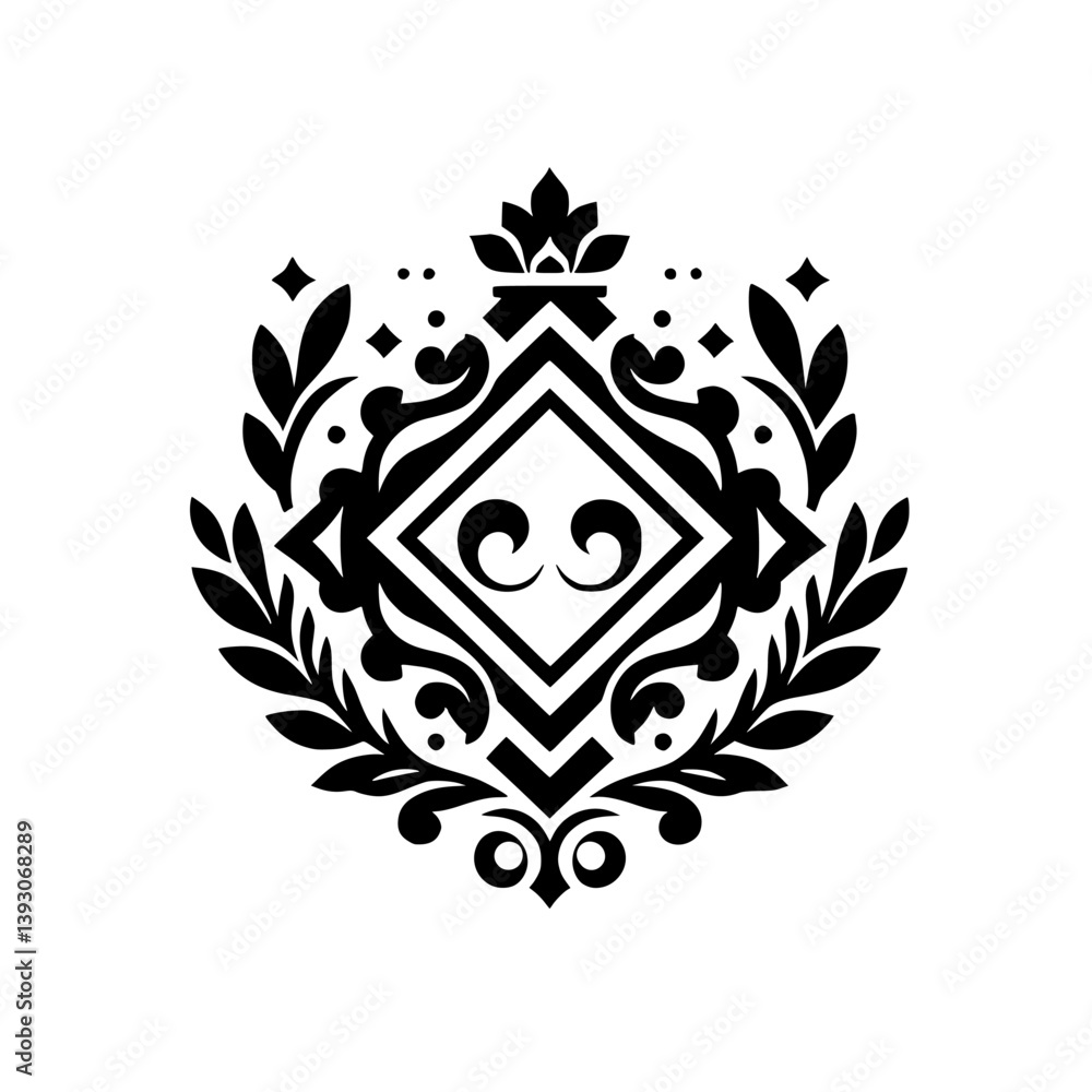 Fototapeta premium Elegant Black and White Heraldic Emblem, Floral Design, Decorative Crest