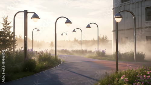 Foggy Street with Streetlights and Plants