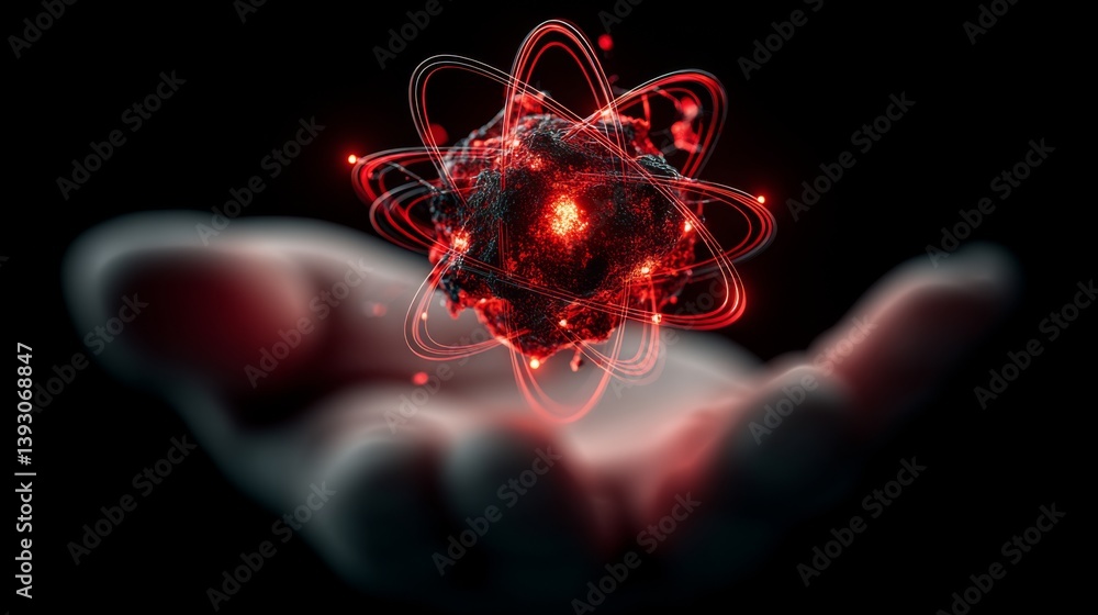A glowing atom model held in a hand, symbolizing scientific discovery