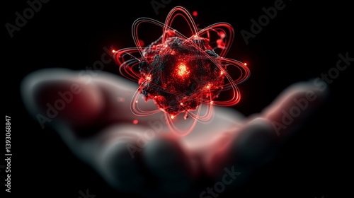 Obraz na płótnie A glowing atom model held in a hand, symbolizing scientific discovery w salonie