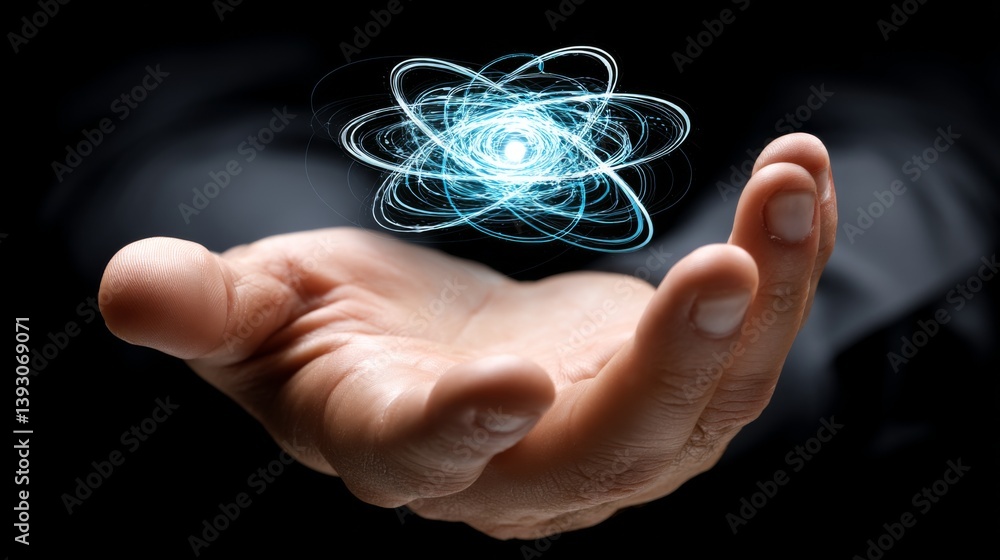 A human hand holding a glowing atom symbolizing energy and science