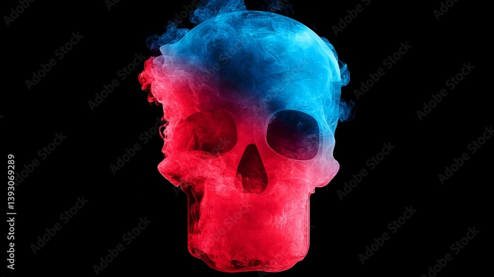 Colorful smoke forms a striking skull silhouette against a dark background