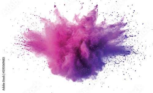 Burst of vibrant purple powder, Colorful dust explode. Paint Holi. colorful vibrant rainbow Holi paint color powder explosion with bright colors isolated white background.