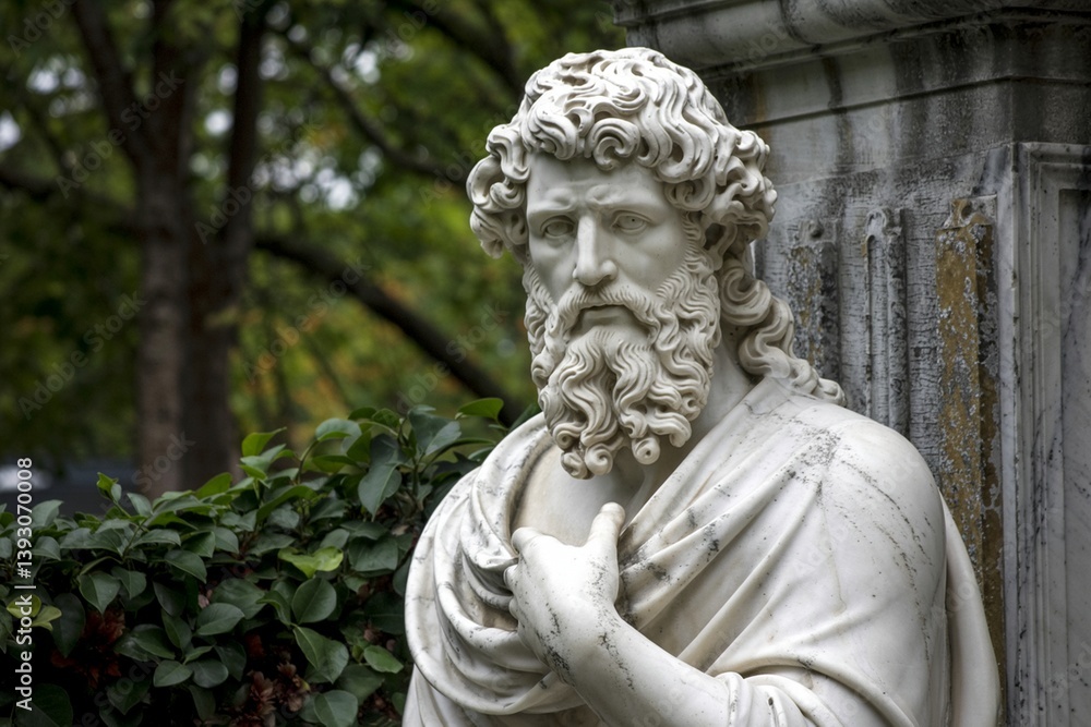Classical Sculpture Of Man With Beard In Garden Setting Outdoors Classical Sculpture Of Man With Beard In Garden Setting Outdoors