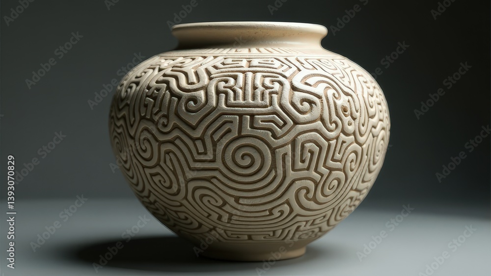 Intricate geometric patterns on ceramic vase against dark background. Intricate geometric patterns on ceramic vase against dark background.