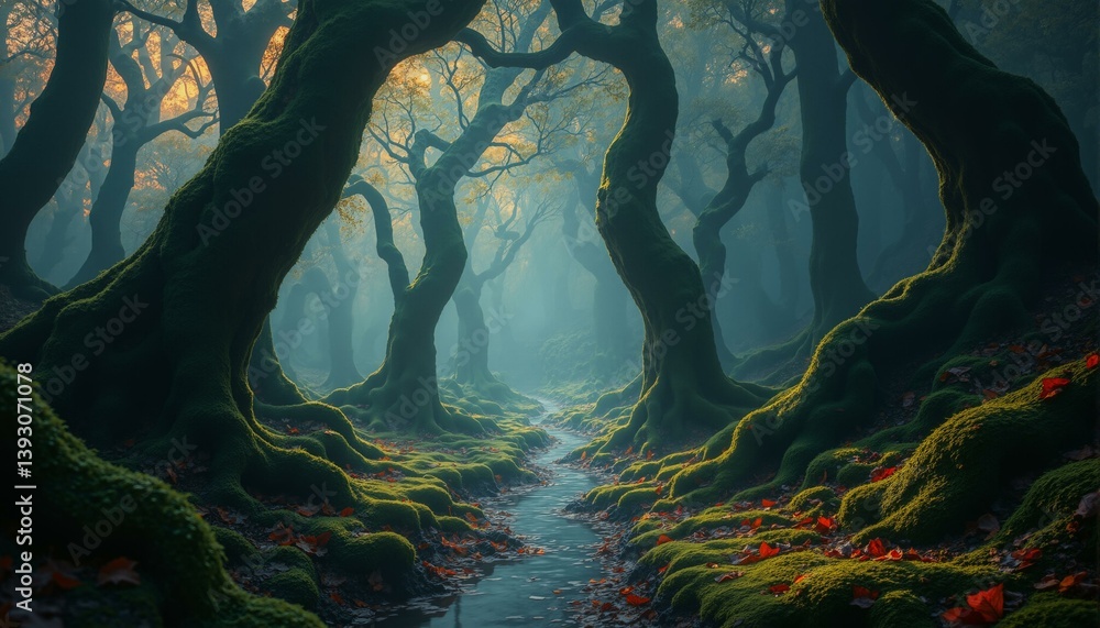 Obraz premium A serene forest clearing with intricate latticework patterns, mist, moonlight, moss, leaves, and twilight skies.