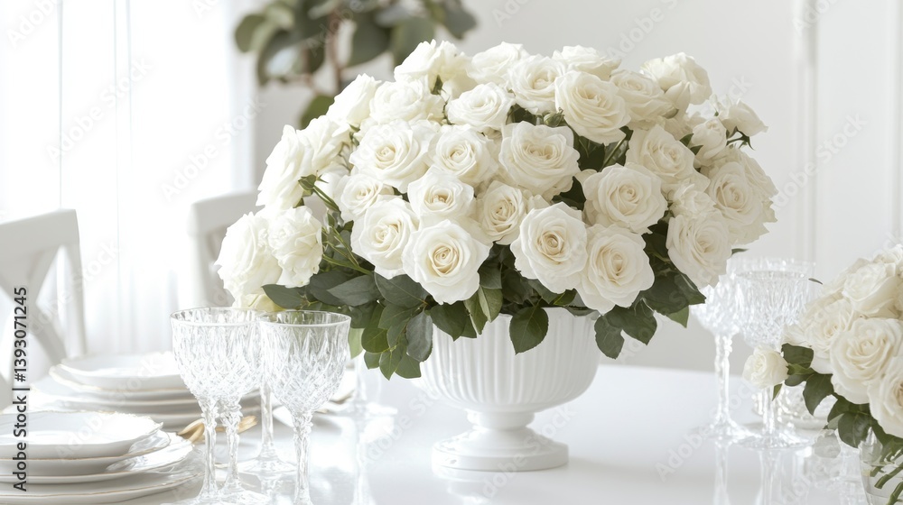 Elegant white roses centerpiece on a dining table with crystal glassware and white plates. Elegant white roses centerpiece on a dining table with crystal glassware and white plates.