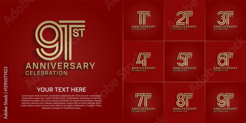 Anniversary logo style double line number set. gold color on red background for celebration event