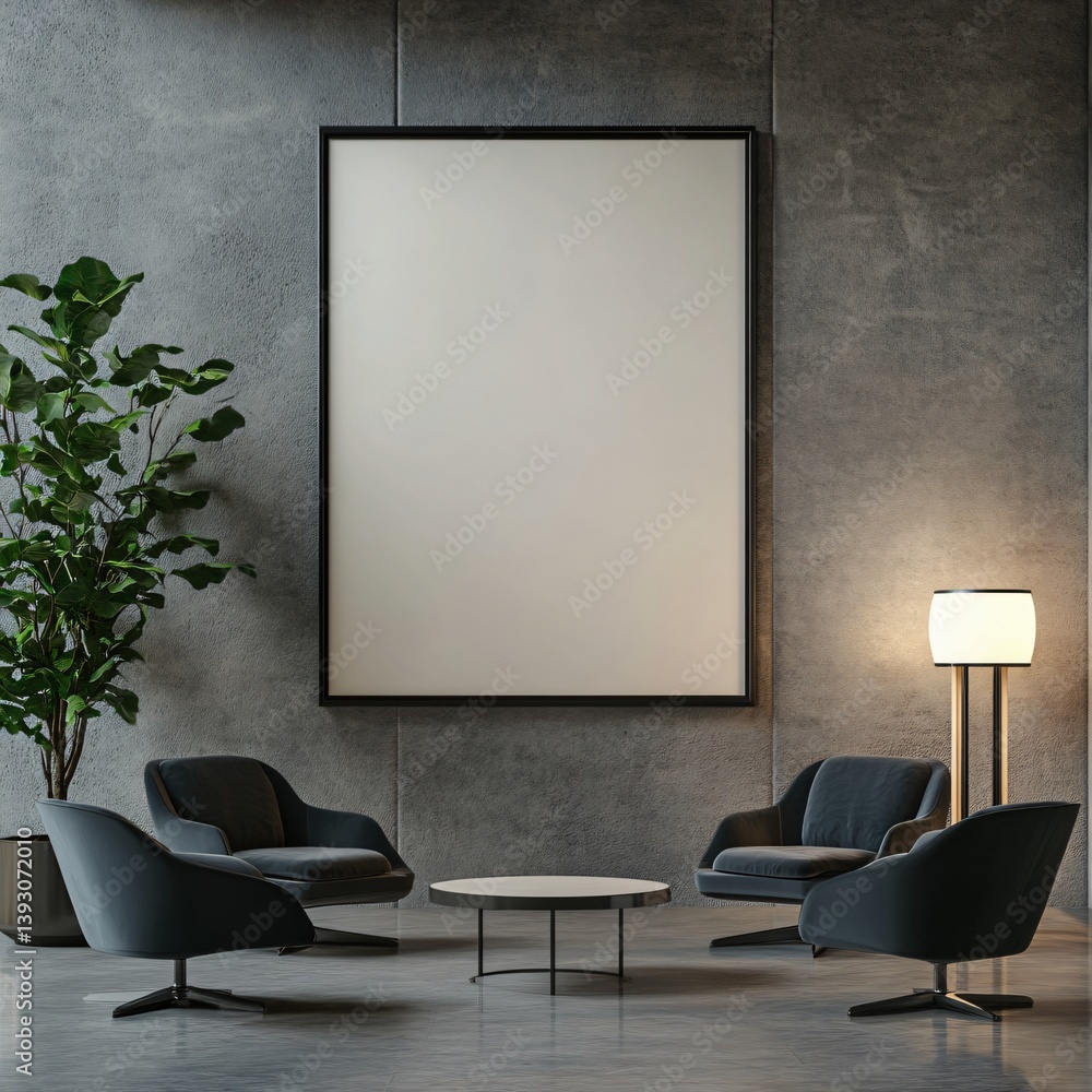 Fototapeta premium Modern office space with empty frame stylish furniture minimalist design contemporary environment vertical view creative inspiration