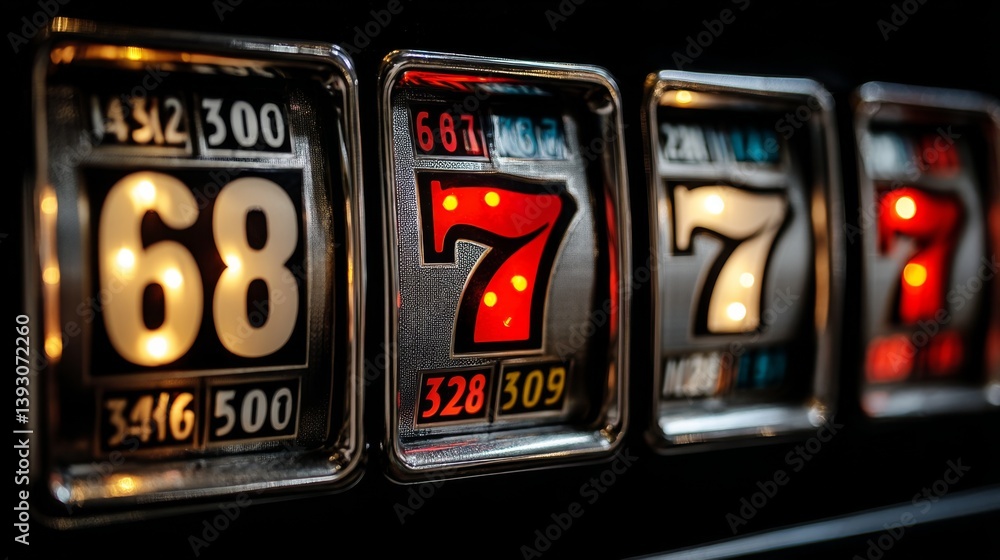 Close-up of a vintage slot machine displaying winning numbers and symbols
