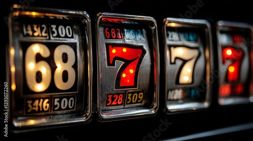 Obraz na płótnie Close-up of a vintage slot machine displaying winning numbers and symbols w salonie