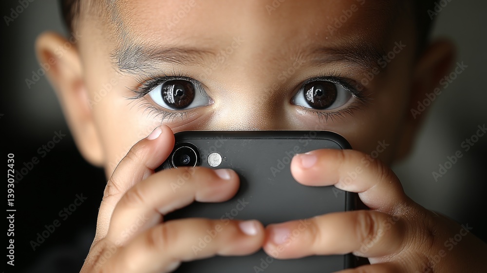 A young child holding a smartphone close to their face, with curious eyes