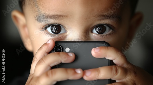 Obraz na płótnie A young child holding a smartphone close to their face, with curious eyes w salonie