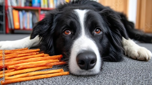 A relaxed dog lying on the floor next to a pile of chew sticks
