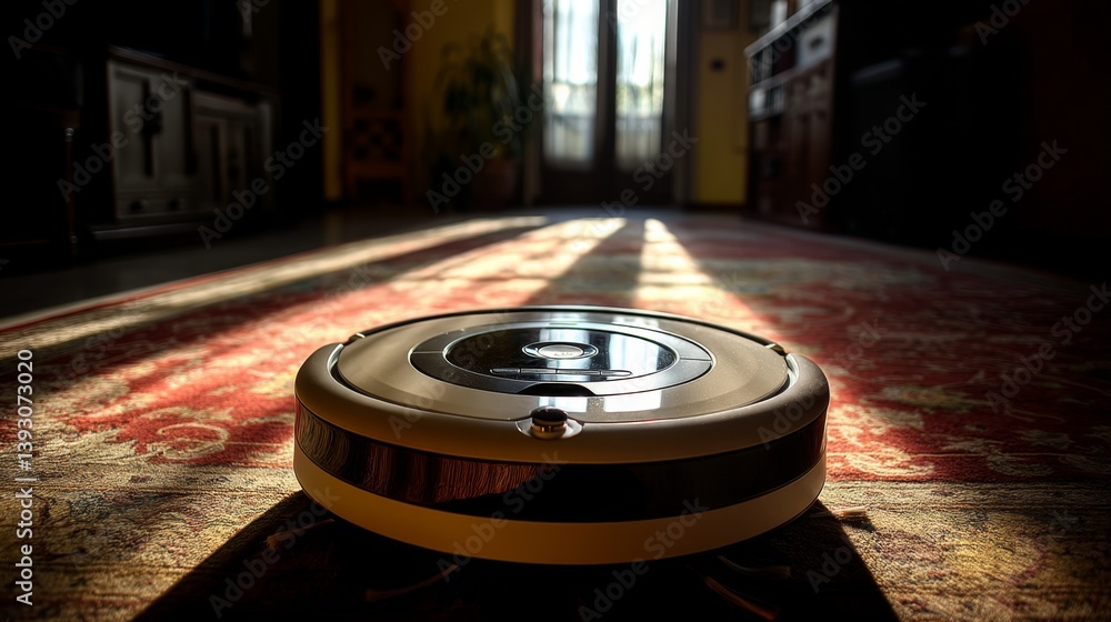 Robotic vacuum cleaner on a patterned rug in a sunlit room