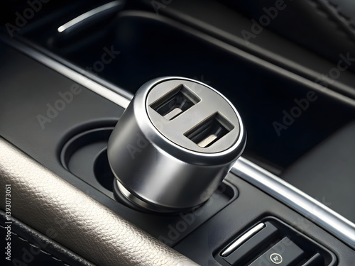 Dual port car charger adapter installed in vehicle dashboard for convenient device charging during travel