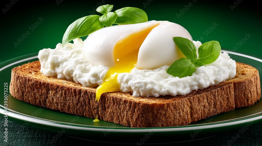 Poached egg on toast with cottage cheese and fresh basil leaves