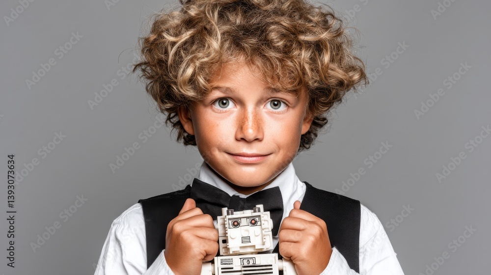 Young boy in a tuxedo holding a toy robot with a charming smile