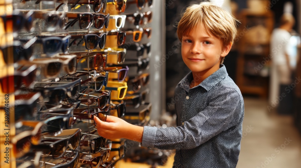 Young boy selecting sunglasses in a trendy eyewear store