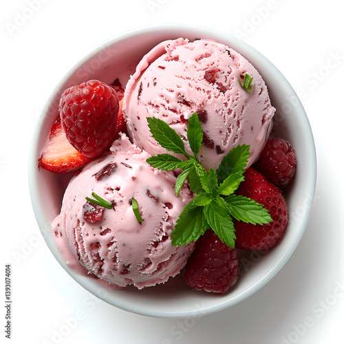 Scoop of fresh strawberry ice cream with strawberry pieces