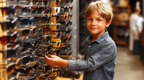 Obraz na płótnie Young boy selecting sunglasses in a trendy eyewear store w salonie