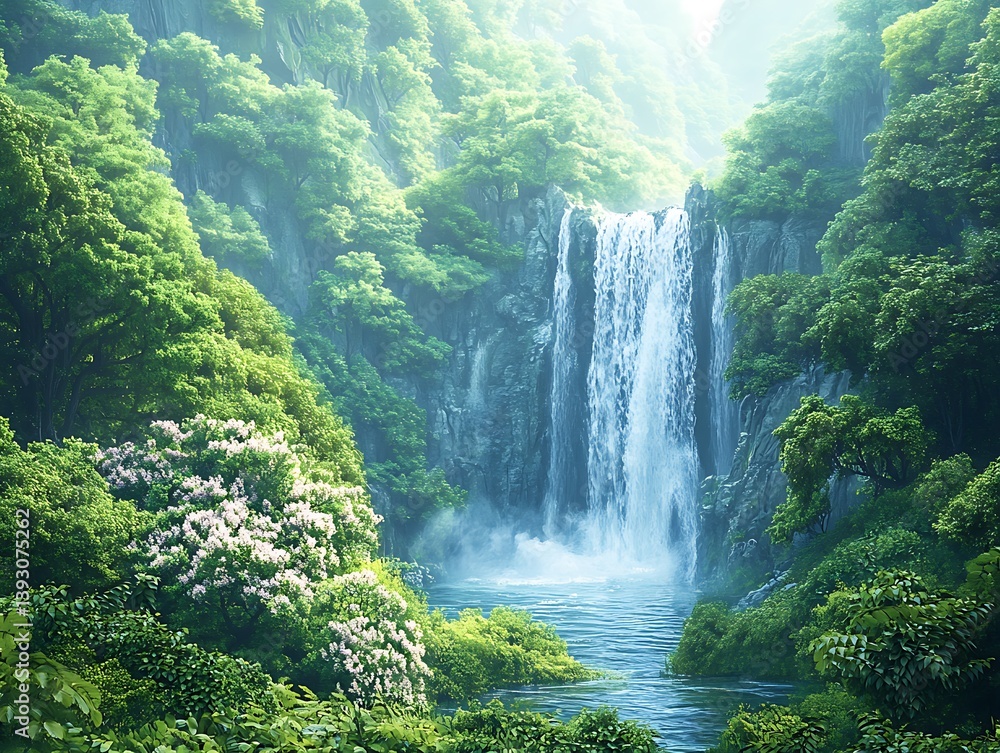 Fototapeta premium A cascading waterfall surrounded by lush green forest vegetation