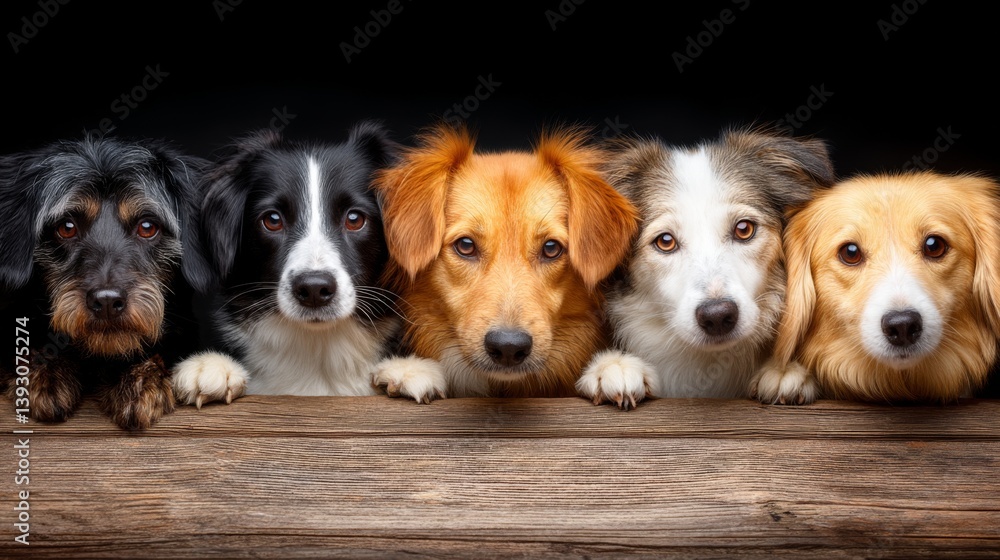 Five adorable dogs with expressive faces resting on a wooden surface Five adorable dogs with expressive faces resting on a wooden surface